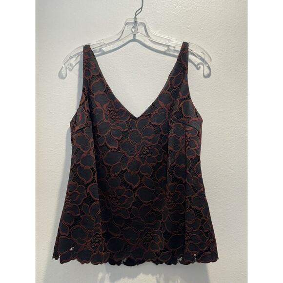 Trina Turk Size Large Floral Lace Burgundy Navy Top Dark Romantic Evening Glam - Picture 1 of 6